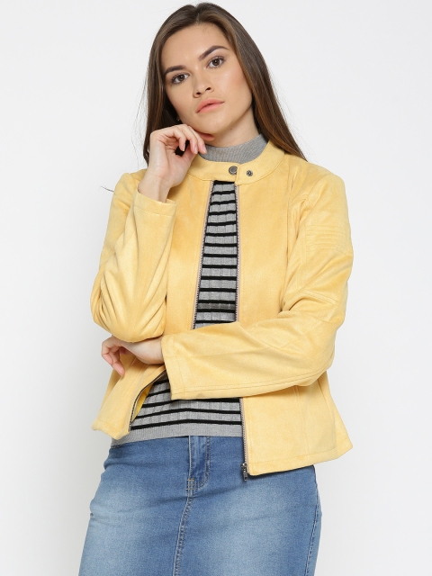 Fort Collins Women Yellow Solid Biker Jacket