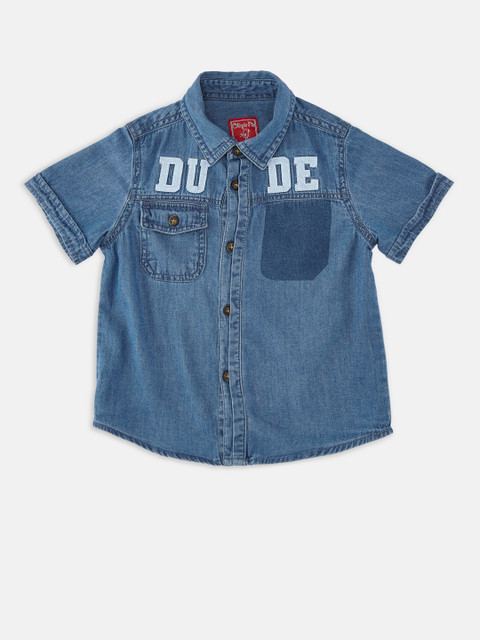 Chirpie Pie by Pantaloons Boys Blue Regular Fit Printed Denim Shirt 
Chirpie Pie by Pantaloons Boys Blue Regular Fit Printed Denim Shirt