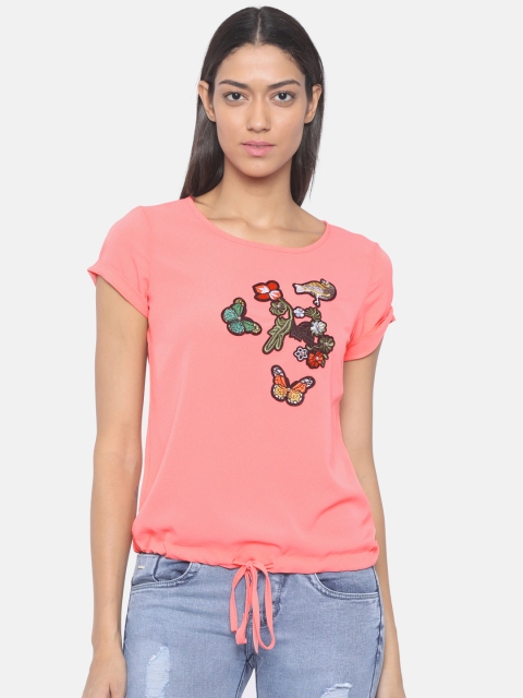 Jealous 21 Women Coral Pink Self-Design Top