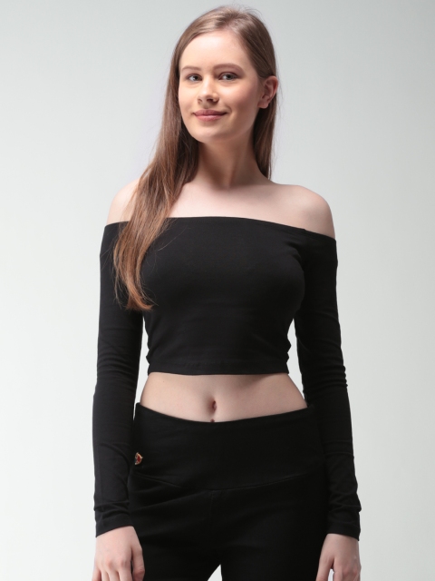 FOREVER 21 Women Black Solid Bardot Crop Top