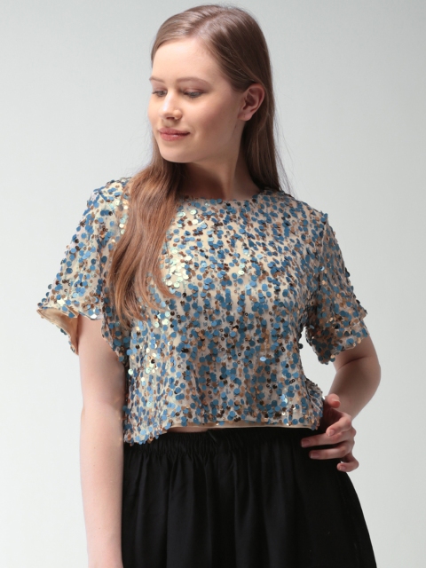 FOREVER 21 Women Blue & Beige Self Design Top