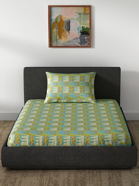 CORE Designed by SPACES Green & Blue Cotton 1 Single Bedsheet with 1 Pillow Cover