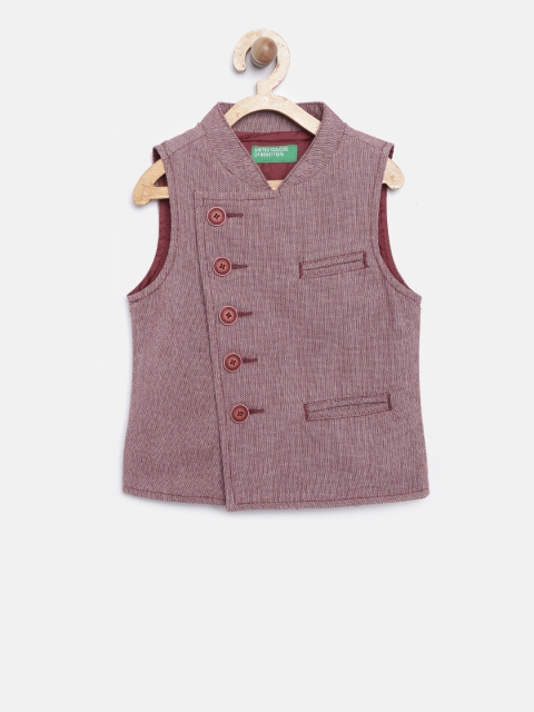United Colors of Benetton Boys Maroon Self-Design Pure Cotton Nehru Jacket