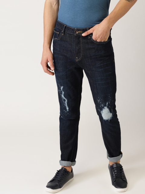 United Colors of Benetton Men Navy Mid-Rise Carrot Fit Mildly Distressed Stretchable Jeans, Navy blue