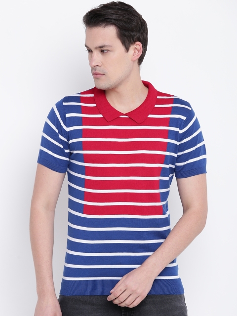 United Colors of Benetton Men Navy Blue & White Striped Polo Collar T-shirt
