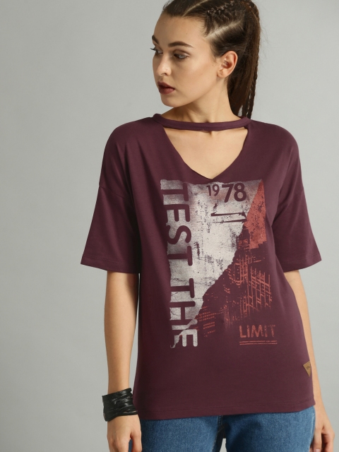 Roadster Women Maroon Printed High-Low Top