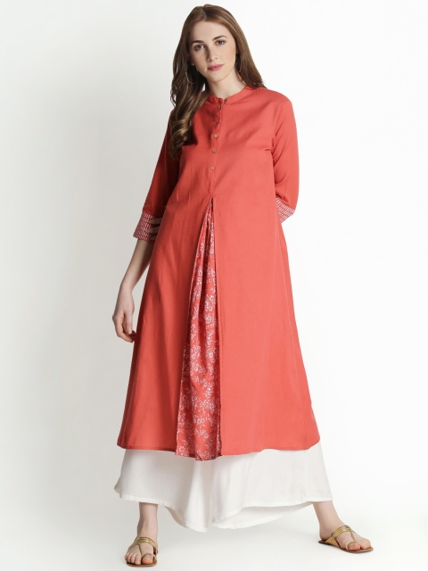 RANGMANCH BY PANTALOONS Women Coral Red Solid A-Line Panelled Kurta