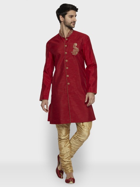 ethnix Men Maroon & Gold-Toned Solid Kurta with Churidar