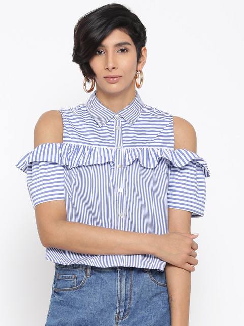 ONLY Women White & Blue Striped Cold Shoulder Shirt Style Top 
ONLY Women White & Blue Striped Cold Shoulder Shirt Style Top