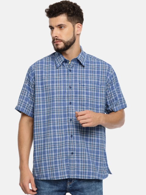 ColorPlus Men Blue & White Classic Regular Fit Checked Casual Shirt