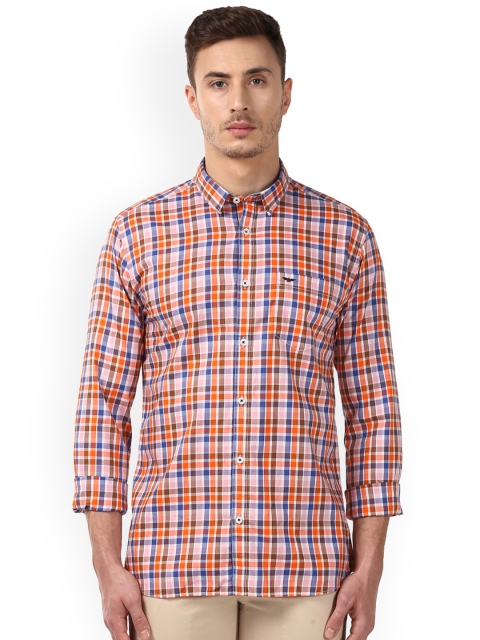 Park Avenue Men Orange & Blue Checked Casual Shirt