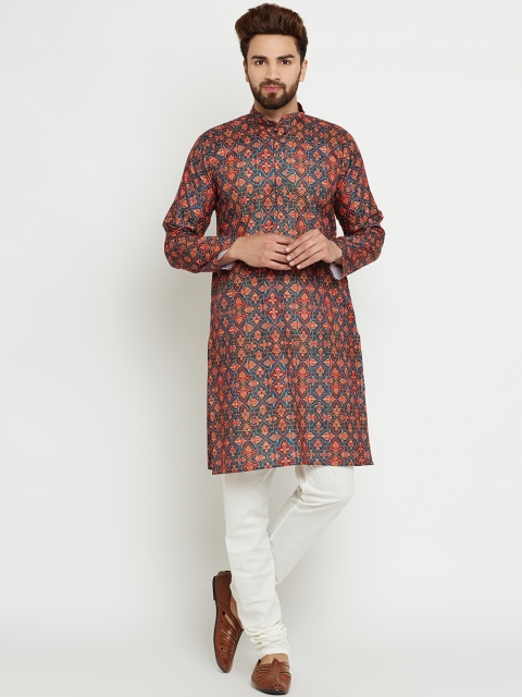 SOJANYA Men Orange & Blue Printed Kurta with Churidar