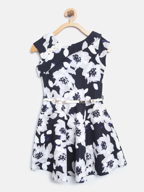 Tiny Girl Navy & Off-White Floral Print Fit and Flare Dress, Navy blue