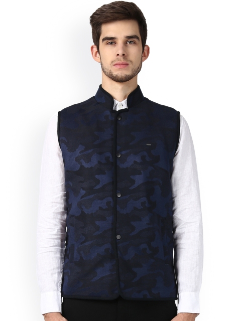 Park Avenue Blue Self Design Nehru Jacket