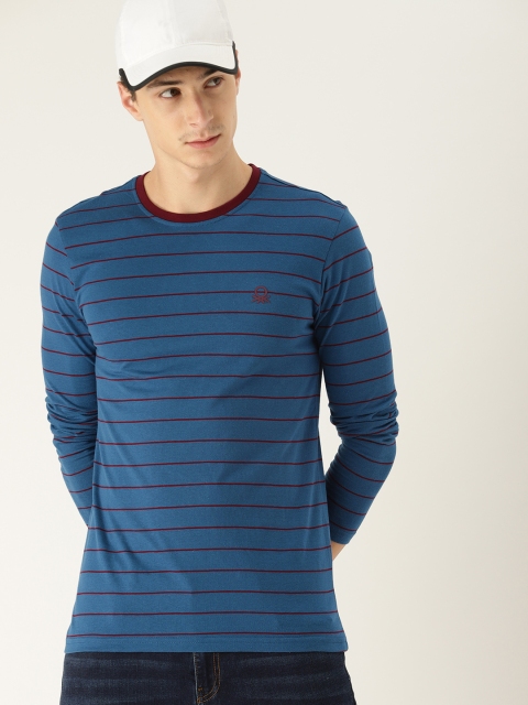 United Colors of Benetton Men Blue Striped Round Neck T-shirt