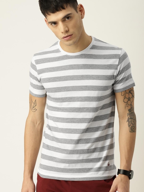 United Colors of Benetton Men White & Grey Striped Round Neck T-shirt