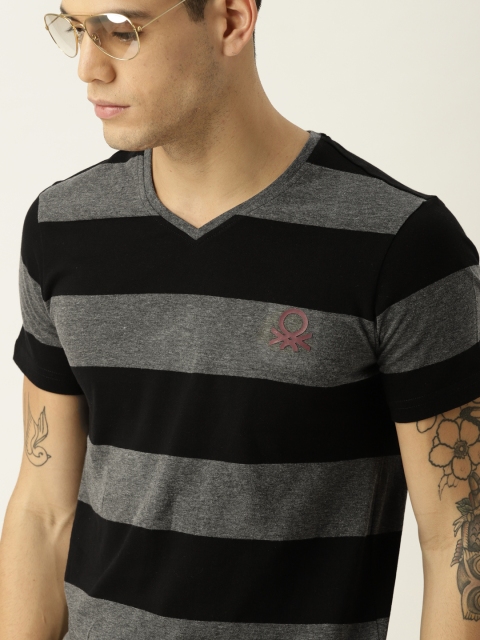 United Colors of Benetton Men Charcoal Grey & Black Striped V-Neck T-shirt