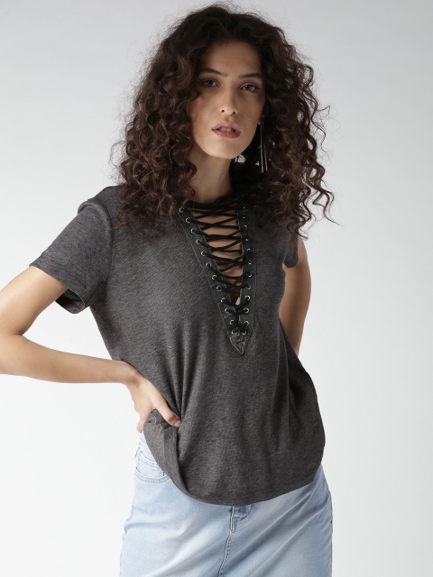 FOREVER 21 Women Charcoal Grey Lace-Up Top