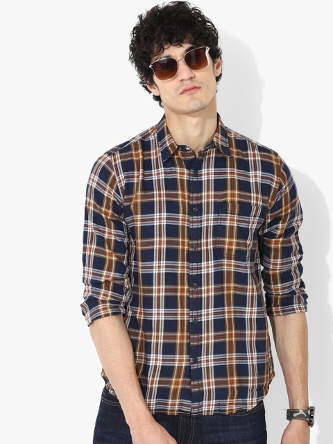 Pepe Jeans Men Navy Blue & Mustard Yellow Regular Fit Checked Casual Shirt