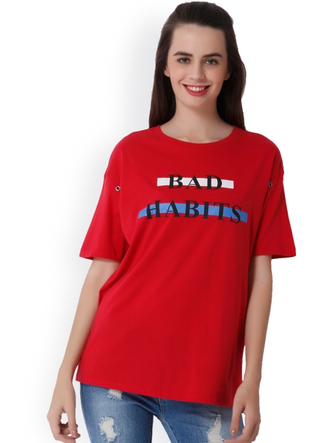 ONLY Women Red Printed Round Neck T-shirt
