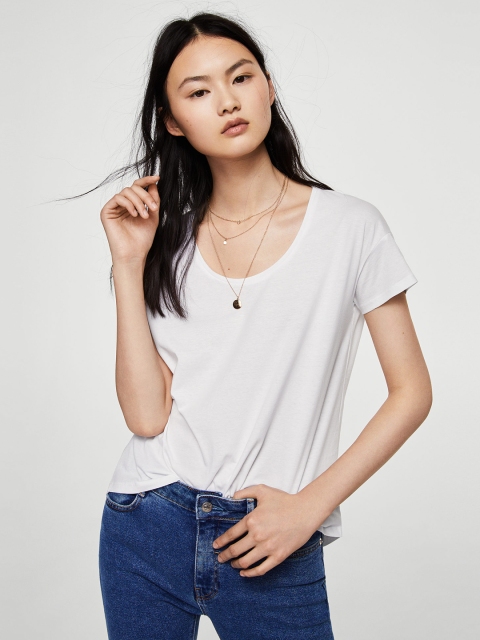 MANGO Women White Solid Scoop Neck T-shirt