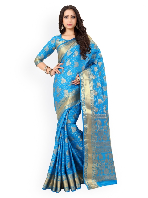 MIMOSA Blue & Gold-Toned Art Silk Embellished Kanjeevaram Saree