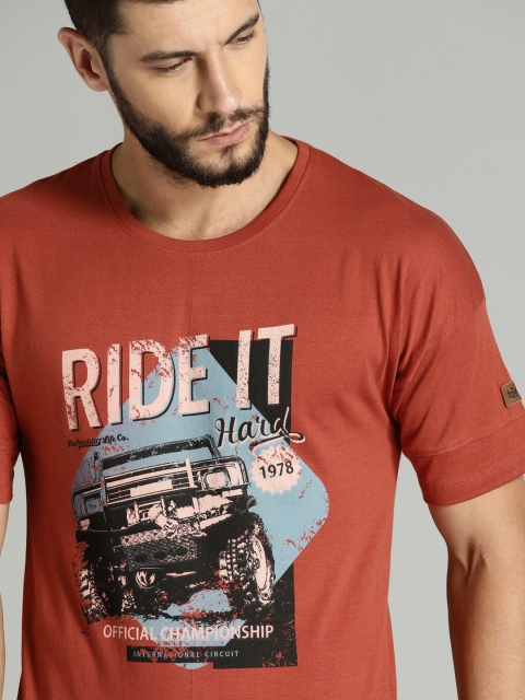 Roadster Men Rust Red Printed Round Neck Pure Cotton T-shirt