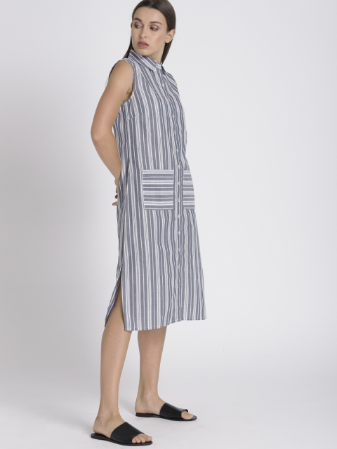 Chemistry Women Navy Blue Striped Shirt Dress