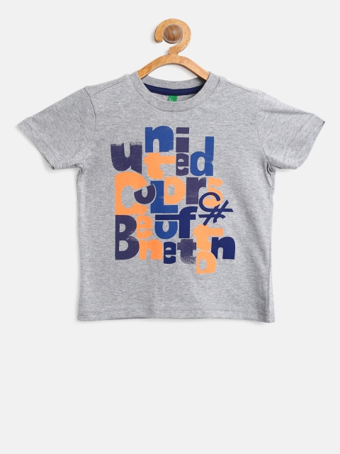 United Colors of Benetton Boys Grey Melange Printed Round Neck T-shirt