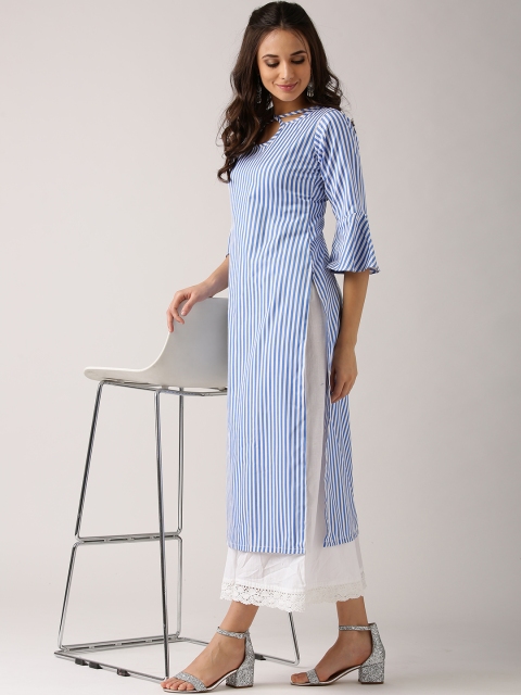 Libas Women Blue & White Striped Straight Kurta