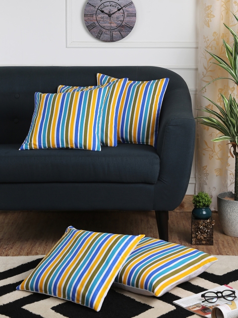RANGRAGE Yellow & Blue Set of 5 Striped Square Cushion Covers