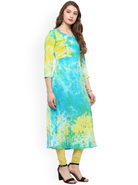La Firangi Women Green & Blue Printed Straight Kurta