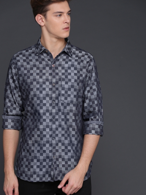 WROGN Men Blue & Grey Slim Fit Checked Casual Shirt