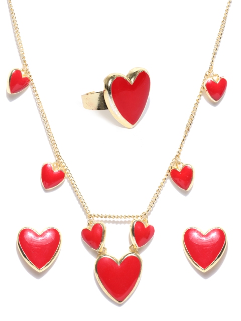 Crunchy Fashion Gold-Toned & Red Heart-Shaped Jewellery Set