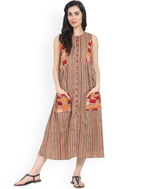 Nayo Women Brown Striped Fit and Flare Dress