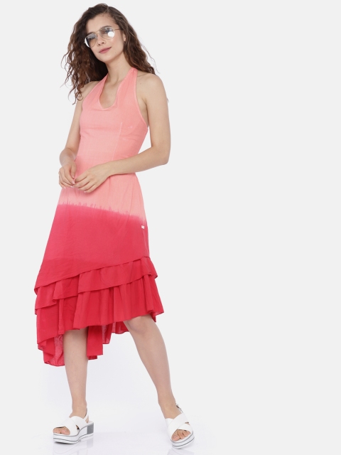 ANAN Women Peach-Coloured & Coral Pink Ombre-Dyed Midi A-Line Dress