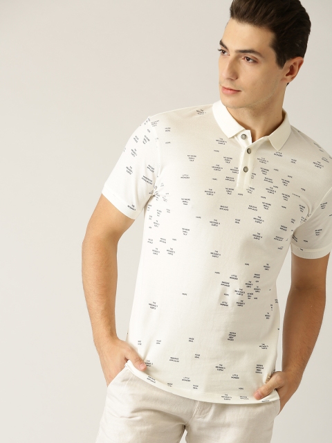 United Colors of Benetton Men Off-White Printed Polo Collar T-shirt