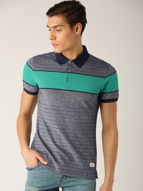 United Colors of Benetton Men Navy Self-Striped Polo Collar T-shirt, Navy blue