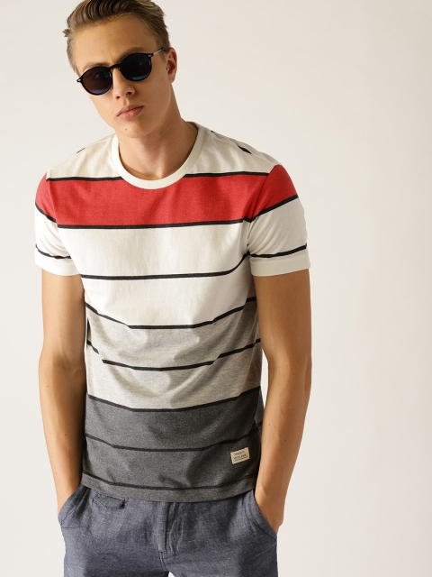 United Colors of Benetton Men White & Grey Melange Striped Round Neck T-shirt