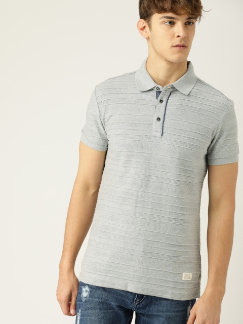 United Colors of Benetton Men Grey Self Design REVERSE JACQUARD Polo Collar T-shirt