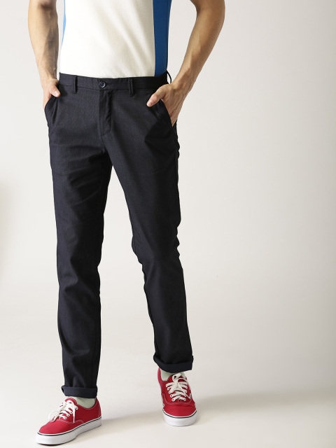 United Colors of Benetton Men Navy Tapered Fit Self-Design Casual Trousers, Navy blue