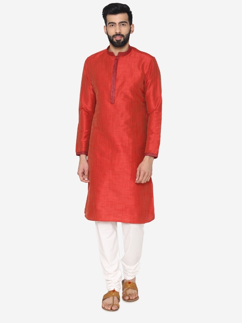 Manyavar Men Coral Red Solid Kurta with Churidar