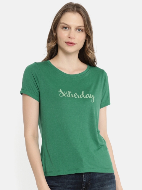 ONLY Women Green Printed Round Neck T-shirt