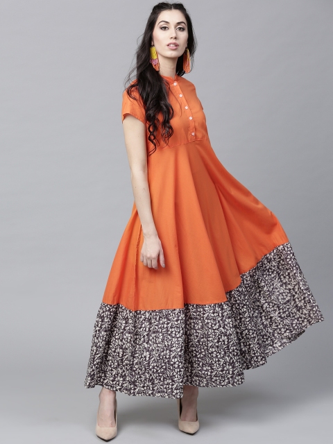 AKS Women Orange Printed Detail Maxi Dress