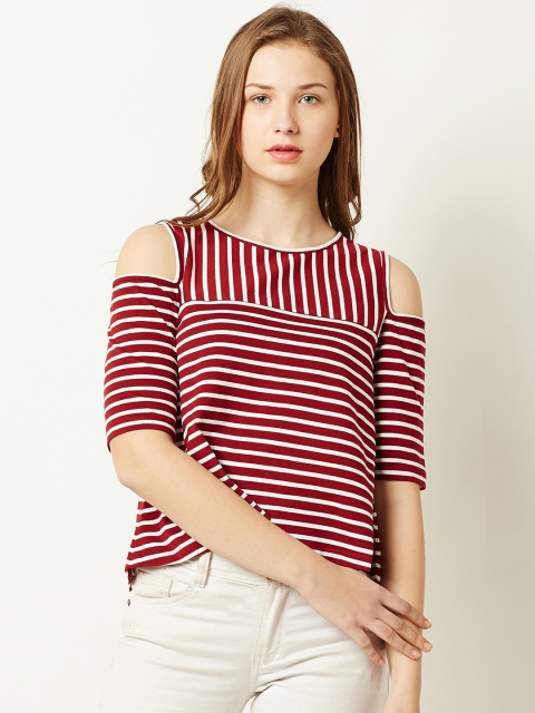 Miss Chase Women Maroon Striped Pure Cotton Top