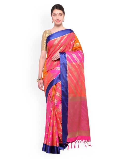 Varkala Silk Sarees Coral & Magenta Silk Blend Striped Leheriya Saree