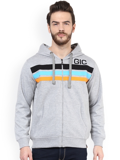 GRIFFEL Men Grey Printed Hooded Sweatshirt