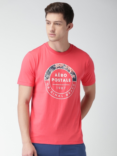 Aeropostale Men Coral Pink Printed Round Neck Pure Cotton T-shirt