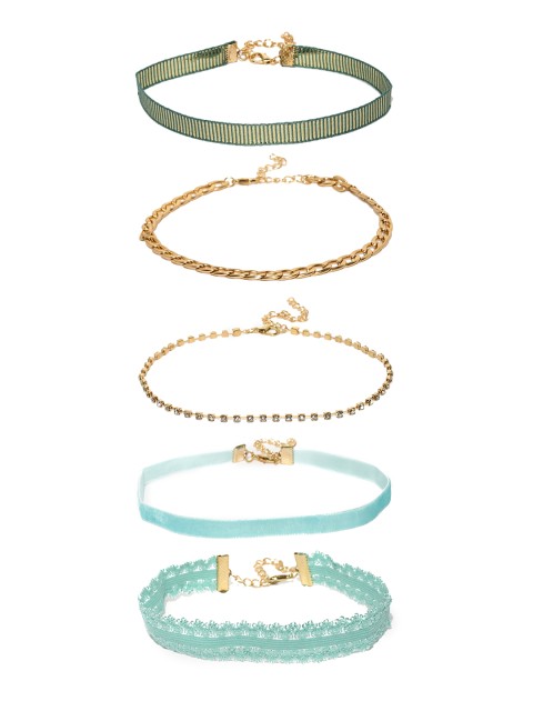 Ayesha Set of 5 Blue & Gold-Toned Choker Necklaces
