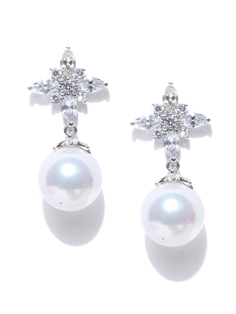 Alamod Off-White Silver-Plated CZ-Studded Floral Drop Earrings 
Alamod Off-White Silver-Plated CZ-Studded Floral Drop Earrings